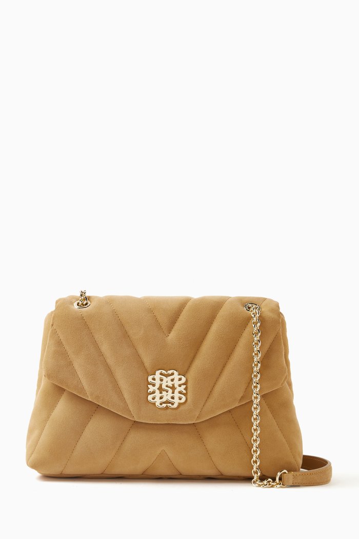 

Mila Shoulder Bag in Quilted Calfskin Leather, Brown