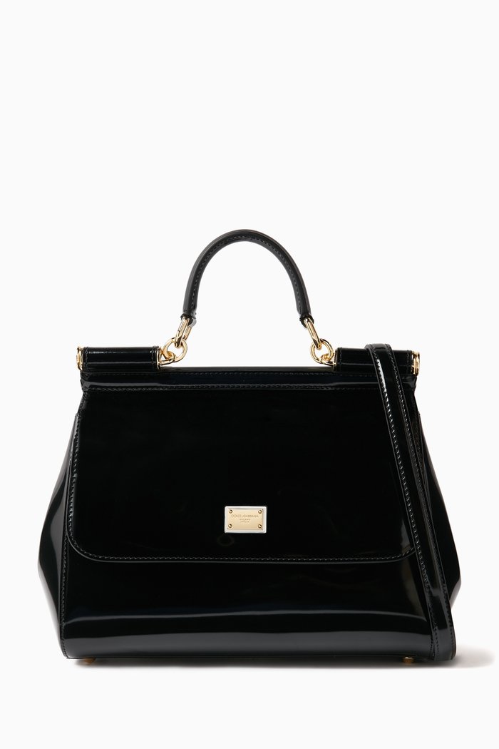 

Medium Sicily Top-handle Bag in Polished Calfskin, Black