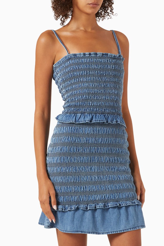 Djina Mini Dress in Ruched Cotton, Blue