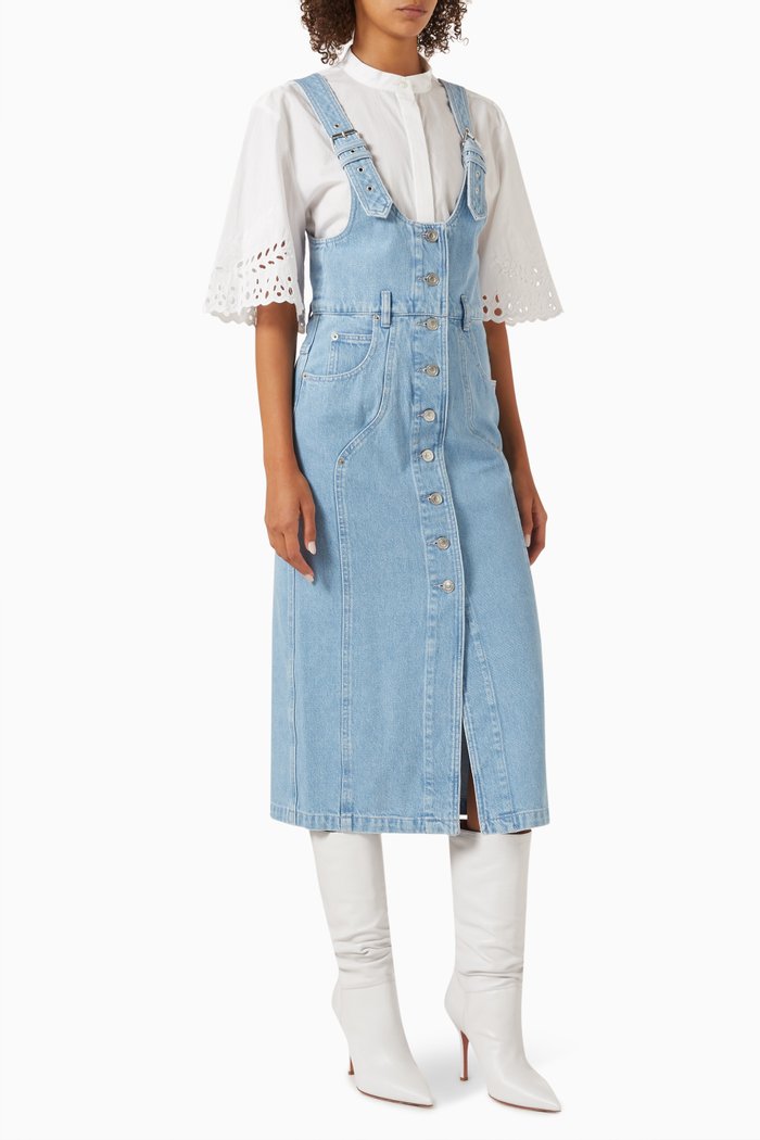 

Filipine Dungaree Midi Dress in Denim, Blue