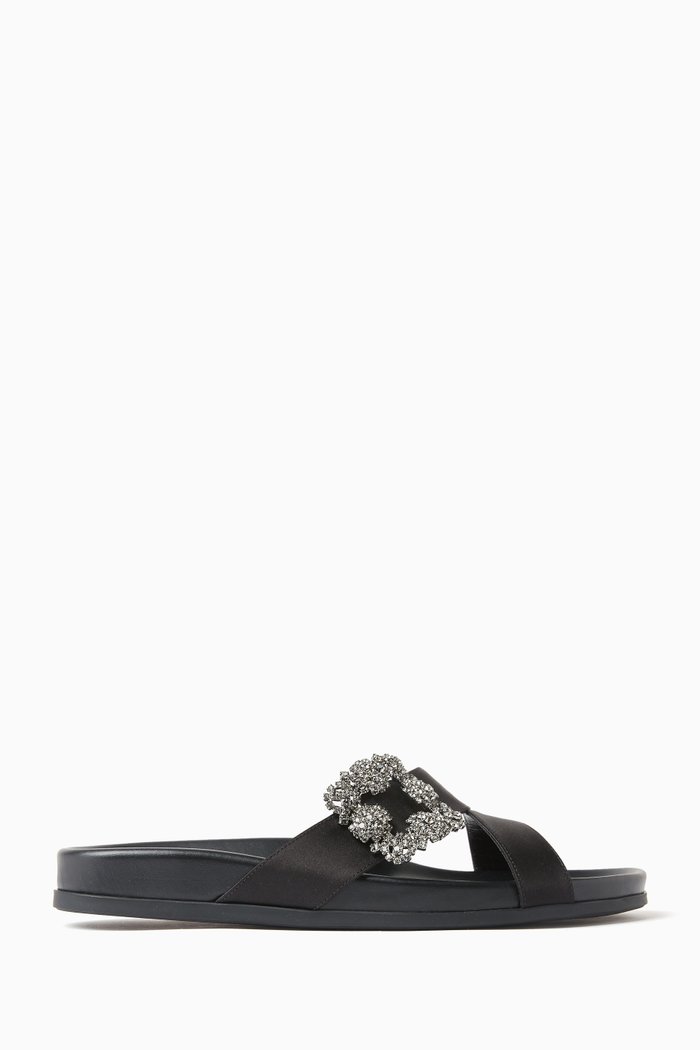 Chilanghi Crystal Flat Slides in Satin, Black