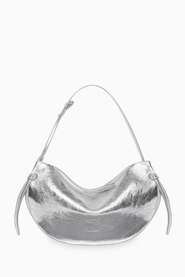 

Small Fortune Cookie Shoulder Bag in Crackled Leather, Silver