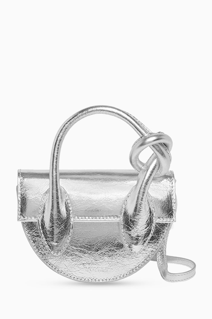 

Mini Pretzel Top Handle Bag in Crackled Leather, Silver