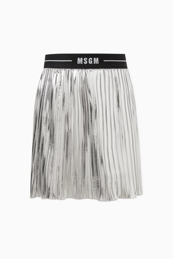 

Pleated Metallic Skirt in Polyester, Silver