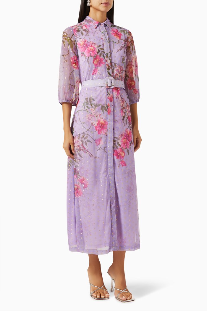 

Floral-print Buckle-belt Midi Dress, Purple