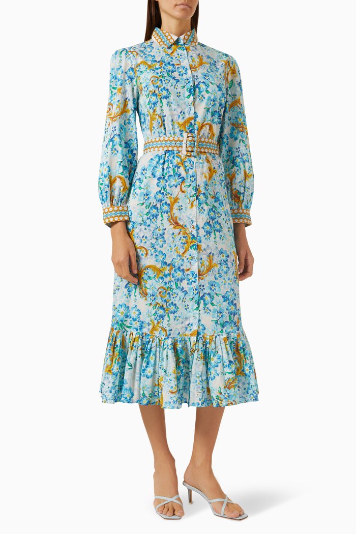 

Floral-print Belted Midi Dress in Chiffon, Blue
