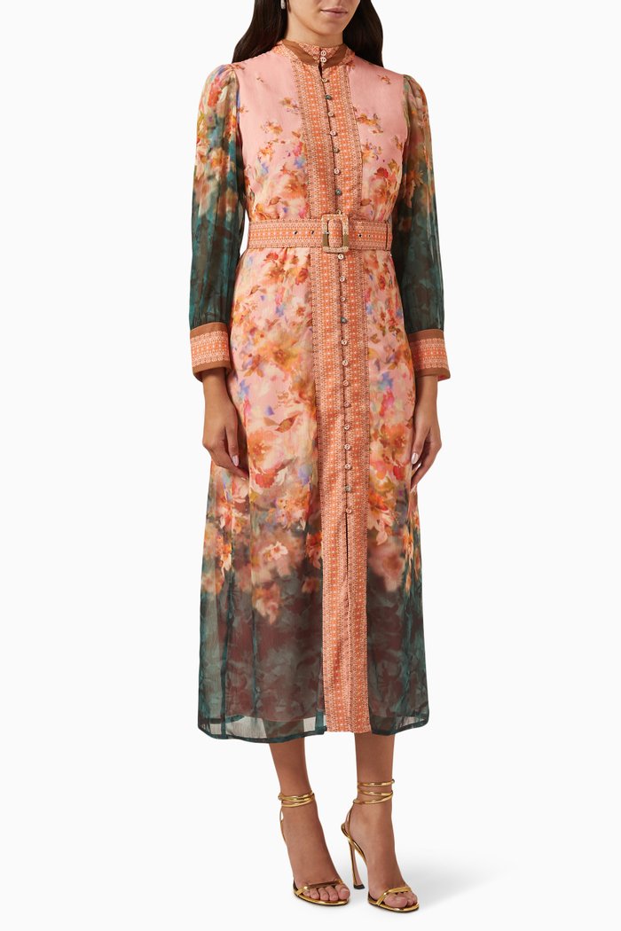 

Floral-print Belted Midi Dress in Chiffon, Orange