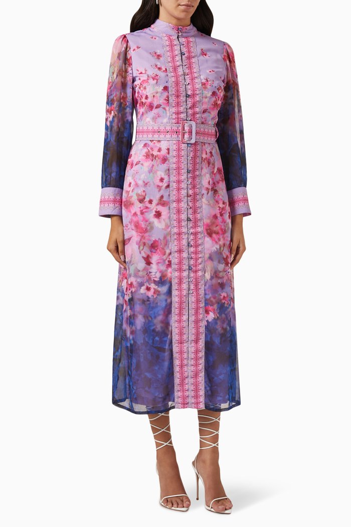 

Floral-print Belted Midi Dress in Chiffon, Purple