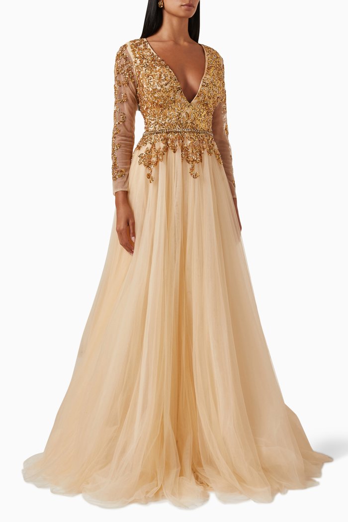 

Plunge-neck Embellished Gown in Tulle, Gold