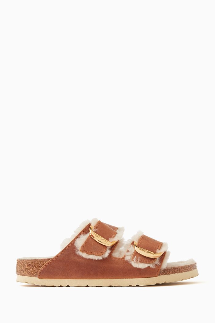 

Arizona Big Buckle Sandals in Shearling & Leather, Brown