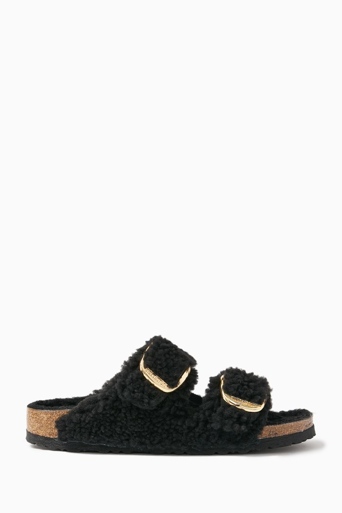 

Arizona Big Buckle Sandals in Shearling and Leather, Black