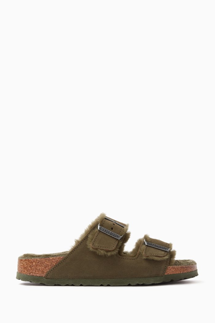 

Arizona Big Buckle Sandals in Shearling and Leather, Green
