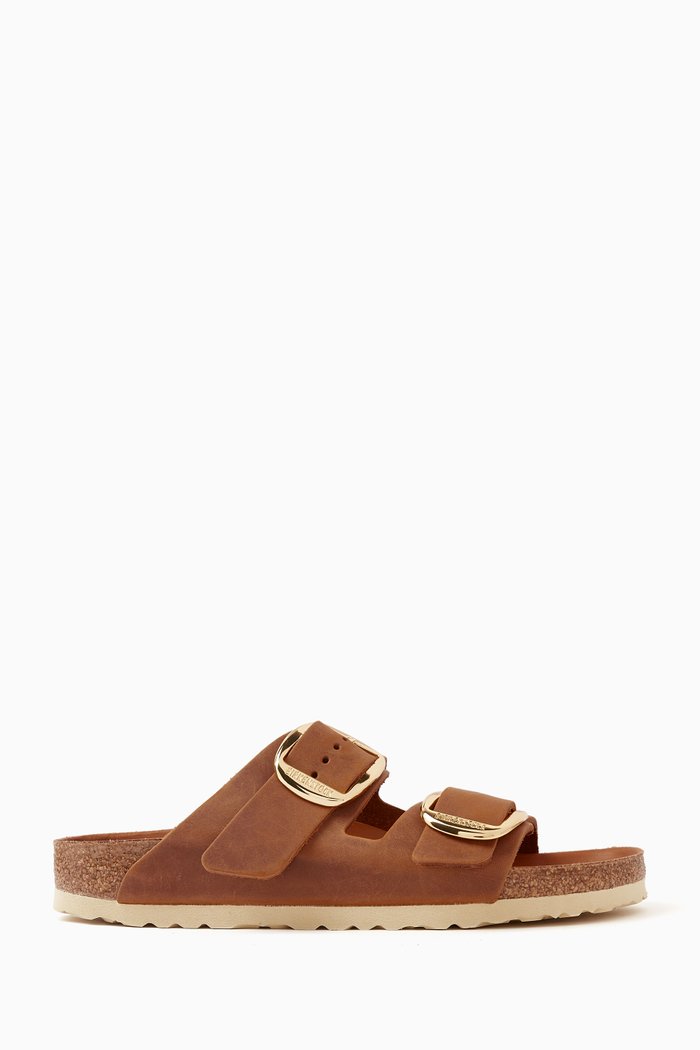 

Arizona Big Buckle Sandals in Oiled Leather, Brown