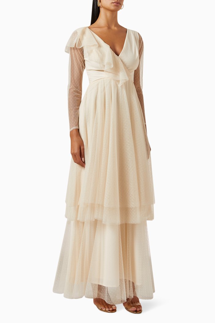 

Ruffle Maxi Dress in Tulle, Neutral