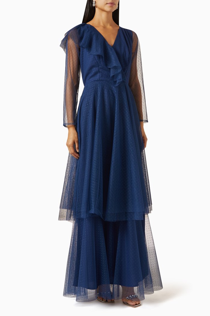 

Ruffle Maxi Dress in Tulle, Blue