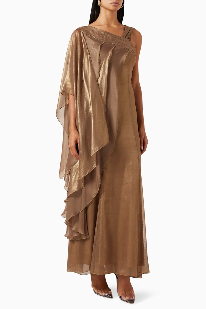 

Elongated One-shoulder Ruffled Maxi Dress, Gold
