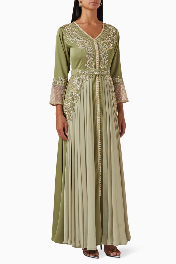 

Modern Moroccan Embellished Kaftan in Chiffon-crepe, Green