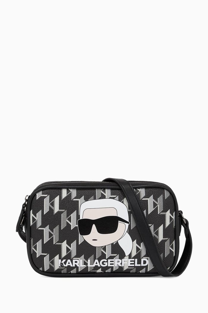 

Small K/Ikonik Monogram Camera Bag in Faux Leather, Black
