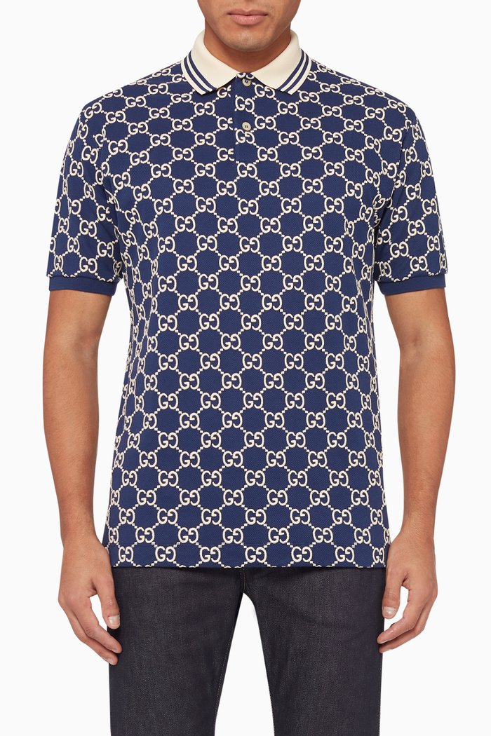 

GG Logo All-over Polo Shirt in Stretch Cotton, Blue