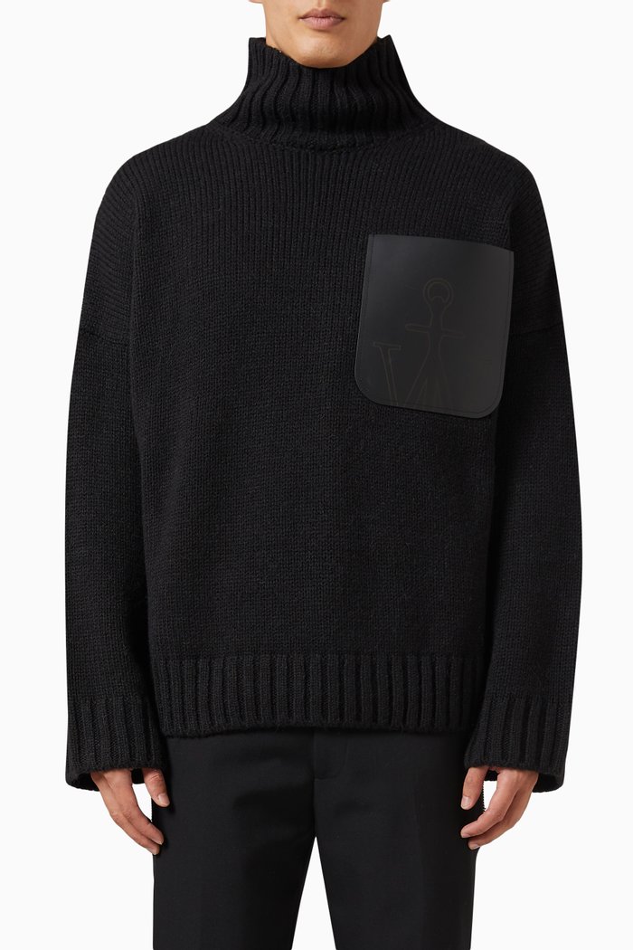 

Leather Pocket Sweater in Wool Blend, Black
