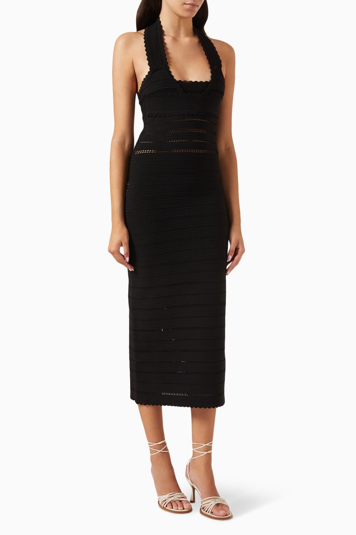 

Halterneck Midi Dress in Pointelle-knit, Black