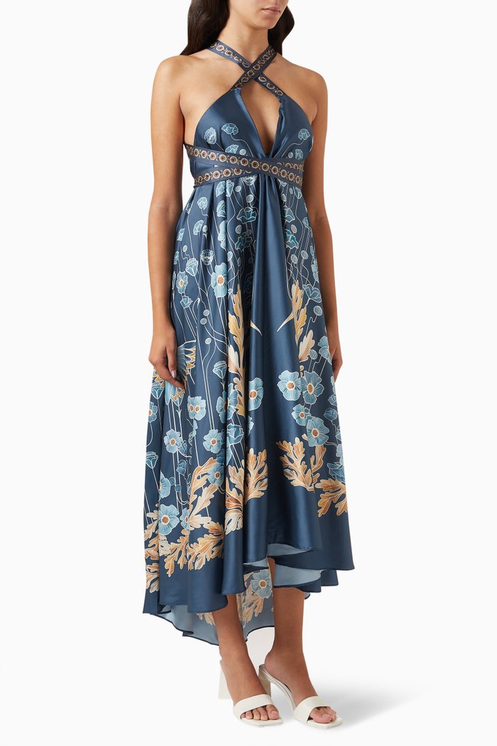 

Alejandra Floral Maxi Dress in Satin, Blue