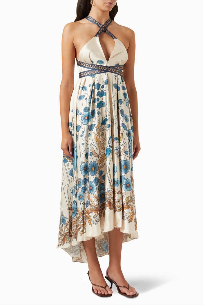 

Alejandra Floral Maxi Dress in Satin, White