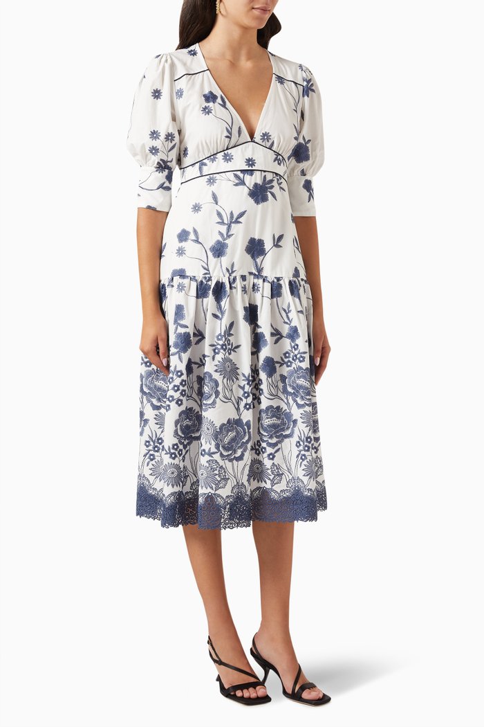 

Pagoda Embroidered Midi Dress in Cotton, White