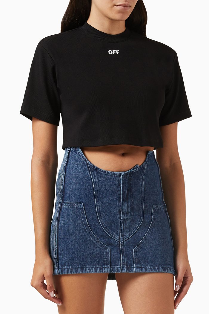 Logo-print Ribbed Crop T-shirt in Stretch-cotton, Black