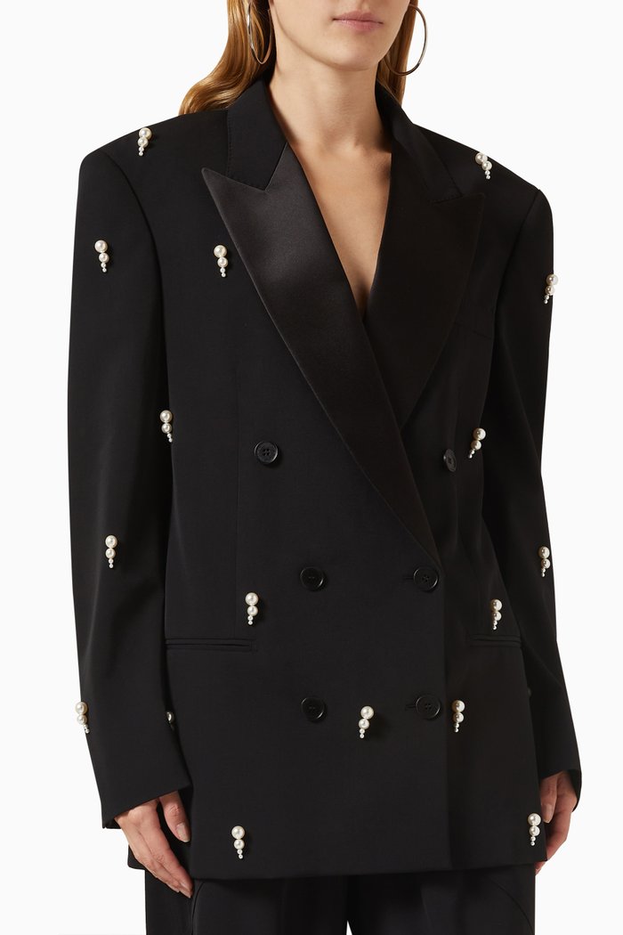 

Pearl Embroidered Oversized Blazer in Wool-blend, Black