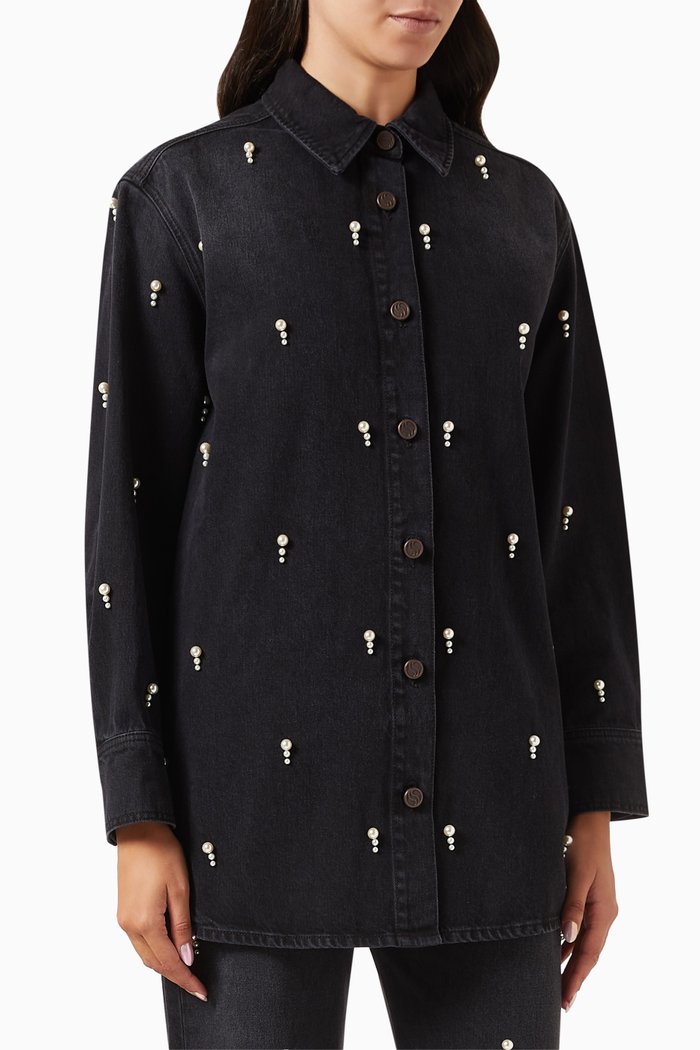 

Pearl-embroidered Overshirt in Organic Denim, Black