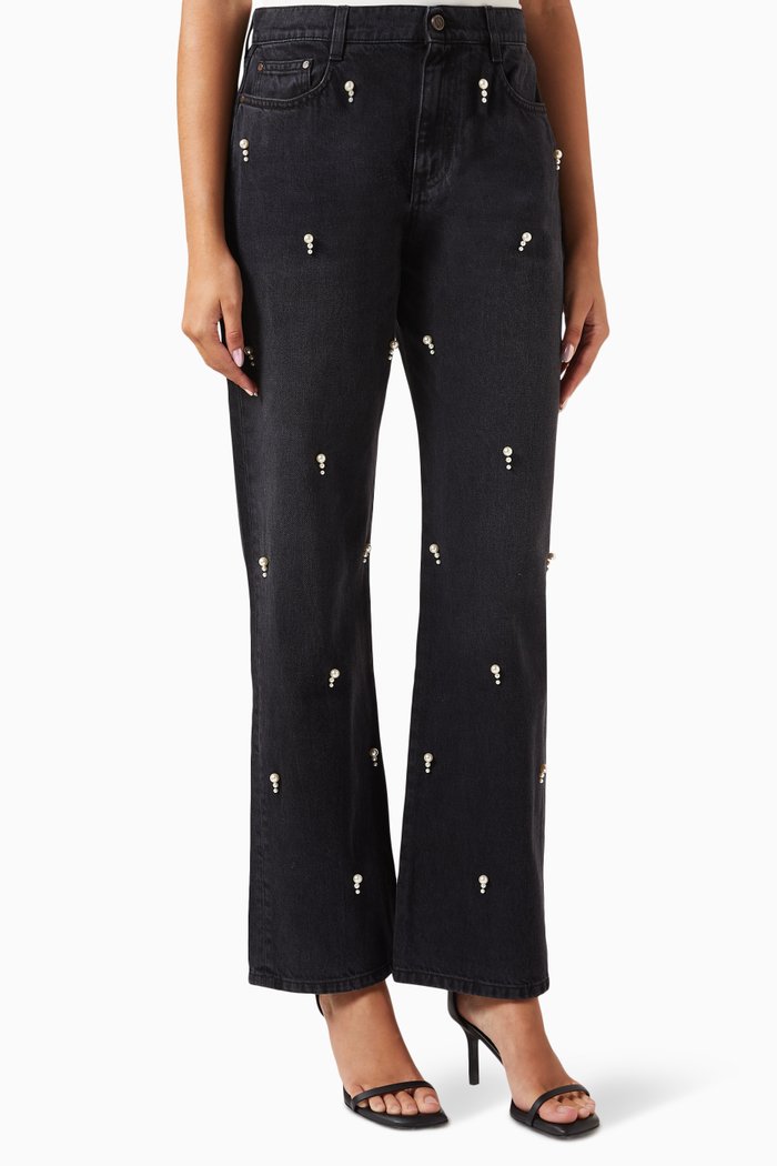 

Pearl-embroidered Straight-leg Jeans, Black