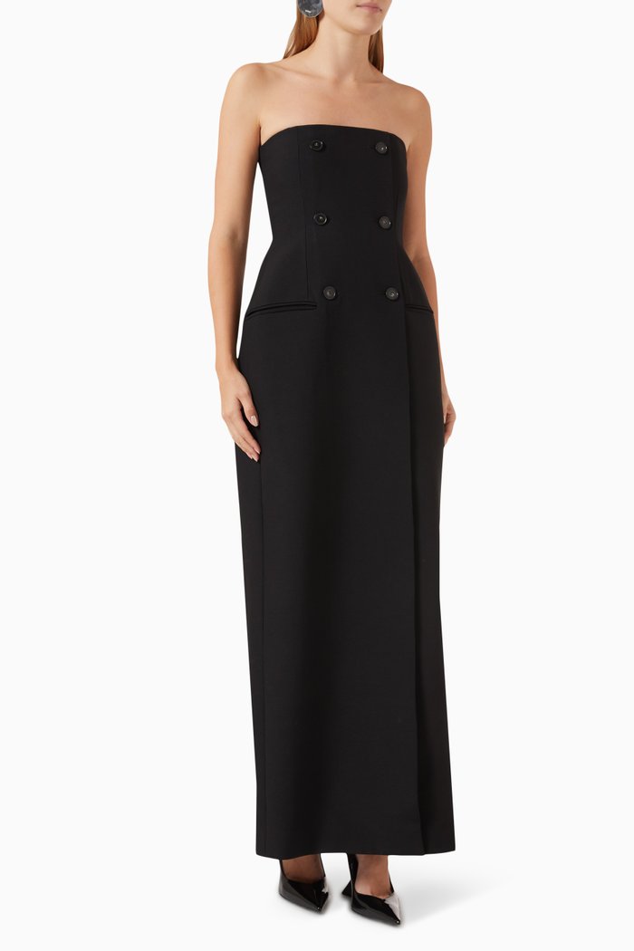 

Strapless Double-breasted Bustier Midi Dress in Wool, Black