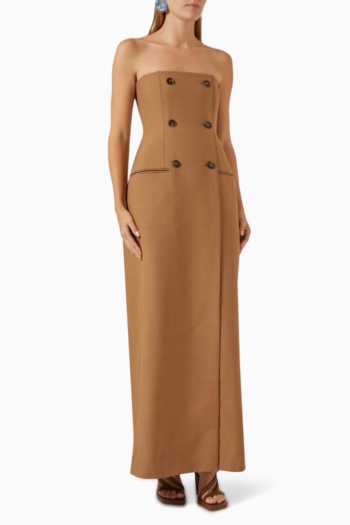 

Strapless Double-breasted Bustier Midi Dress in Wool, Brown