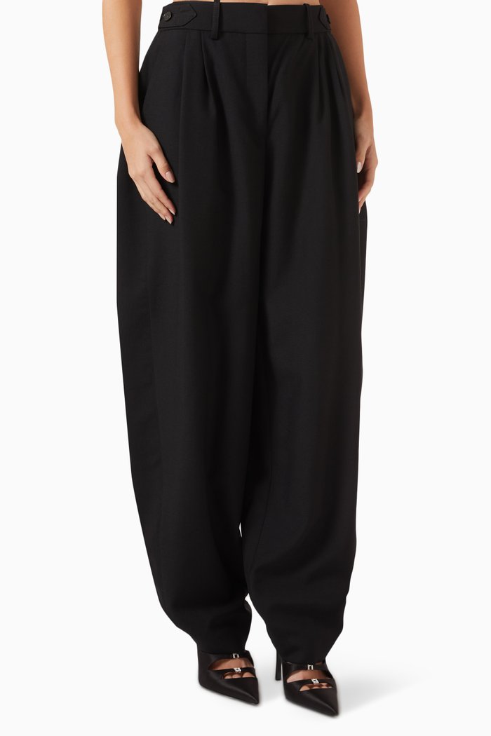 Pleated Wide-leg Pants in Wool, Black