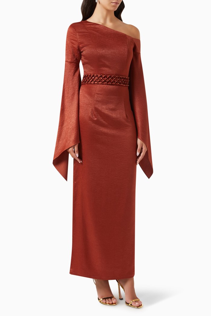 

One-shoulder Dress in Satin, Brown