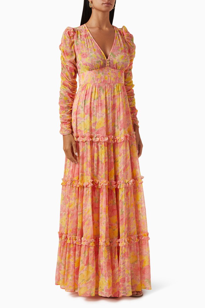

V-neck Ruffled Maxi Dress in Chiffon, Orange