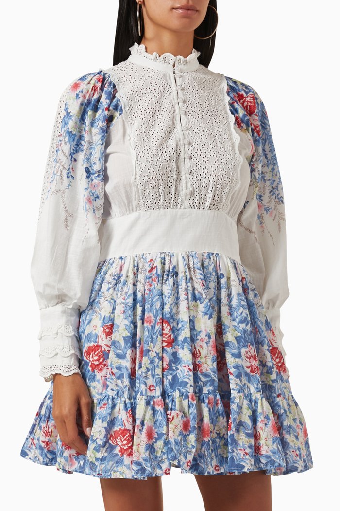 

Floral-print Mini Dress in Organic Cotton, Blue