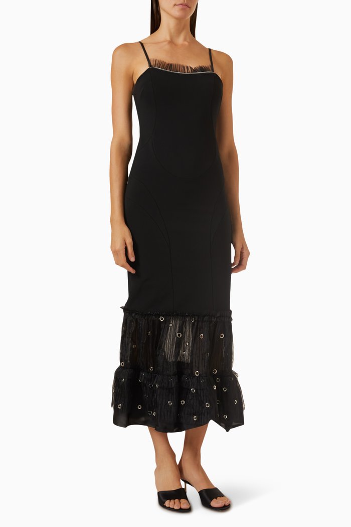 

Eyelet Midi Slip Dress in Jersey, Black