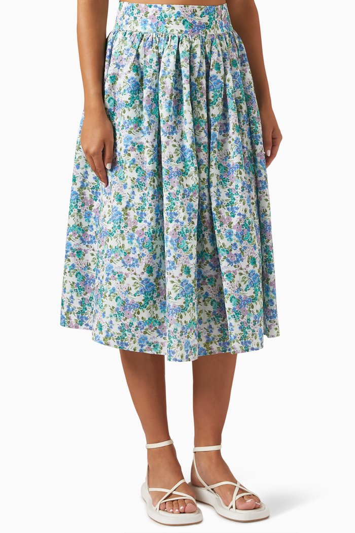 

Printed Midi Skirt in Linen-blend, Blue