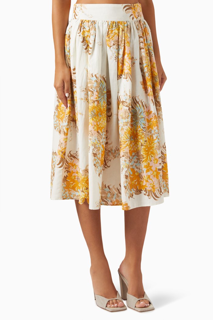 

Printed Midi Skirt in Linen-blend, Yellow
