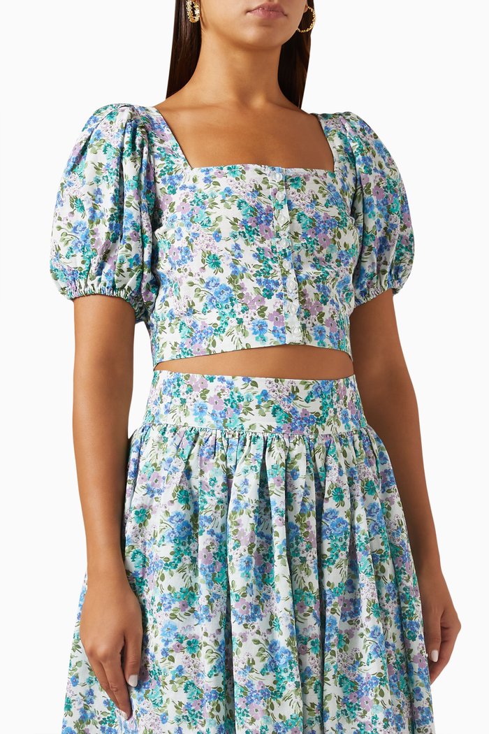 Puff-sleeve Crop Top in Linen-blend, Blue