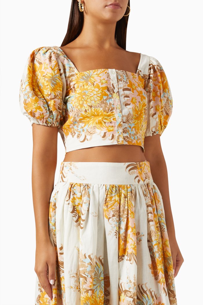 

Puff-sleeve Crop Top in Linen-blend, Yellow