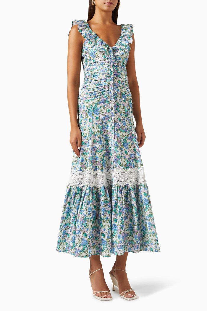

Printed Maxi Dress in Linen-blend, Blue