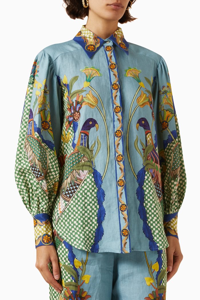 

Gilly Printed Shirt in Linen, Blue