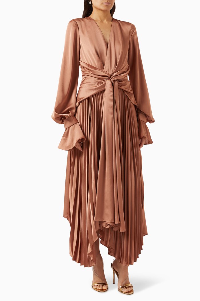

Empire Pleated Midi Dress in Recycled Polyester, Brown