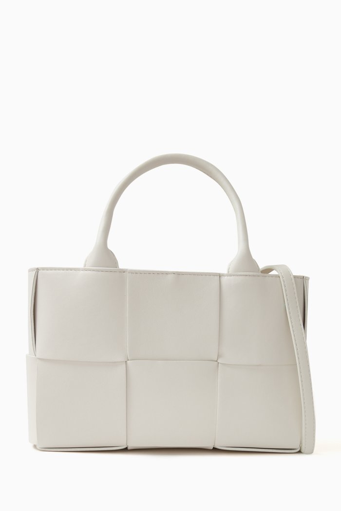 Mini Arco Tote Bag in Intrecciato Leather, White