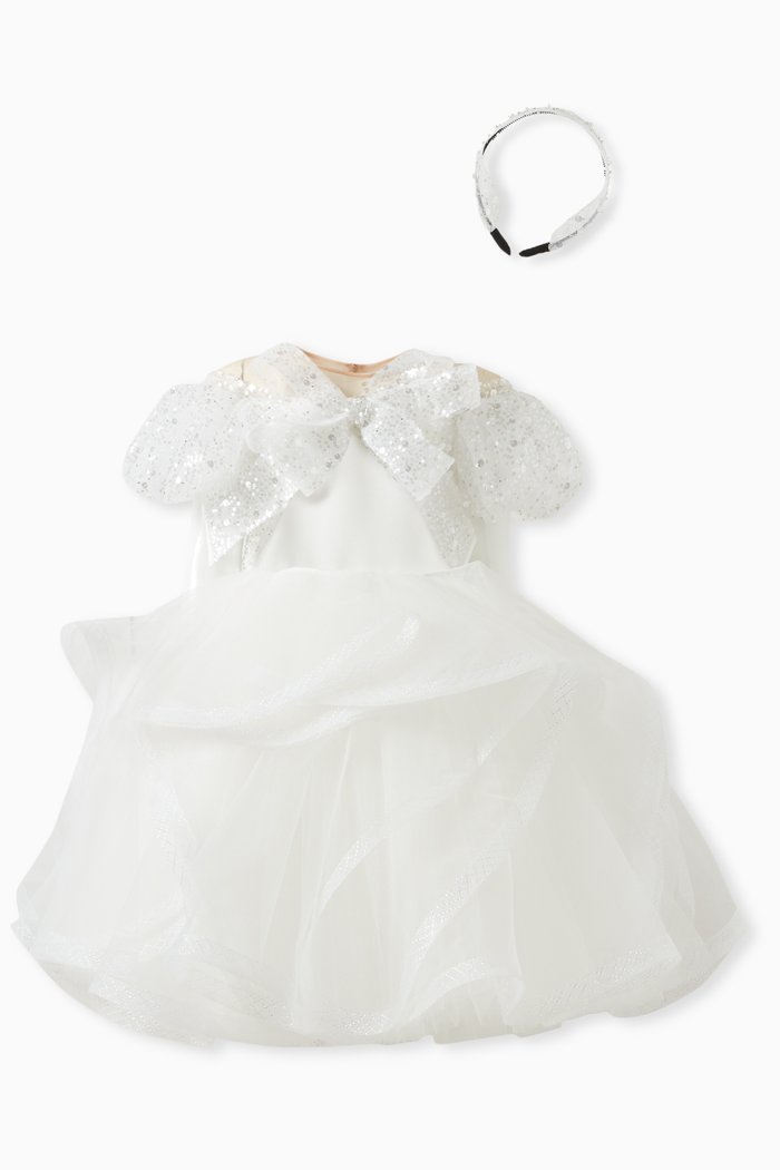 

Sequin-embellished Dress & Bow Set in Tulle, White