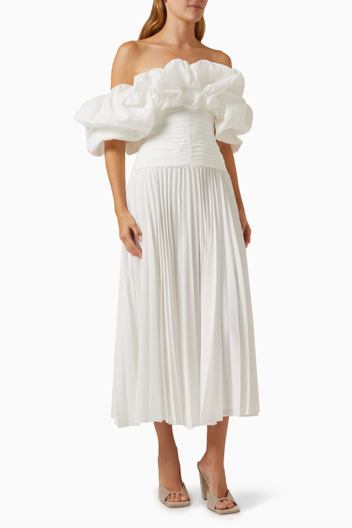 

Arahura Floral Printed Midi Dress in Satin, White
