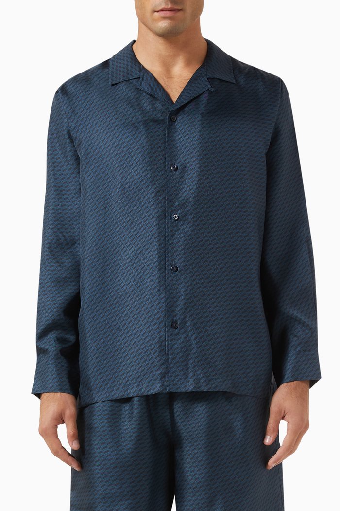 

Monogram Thompson Camp Collar Shirt in Silk, Blue